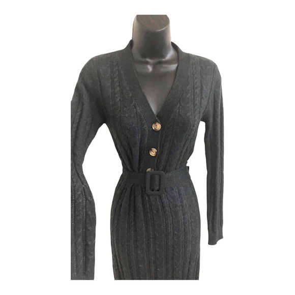Lucky Brand dark charcoal chunky knit belted v-neck sweater dress size small new - Picture 8 of 12